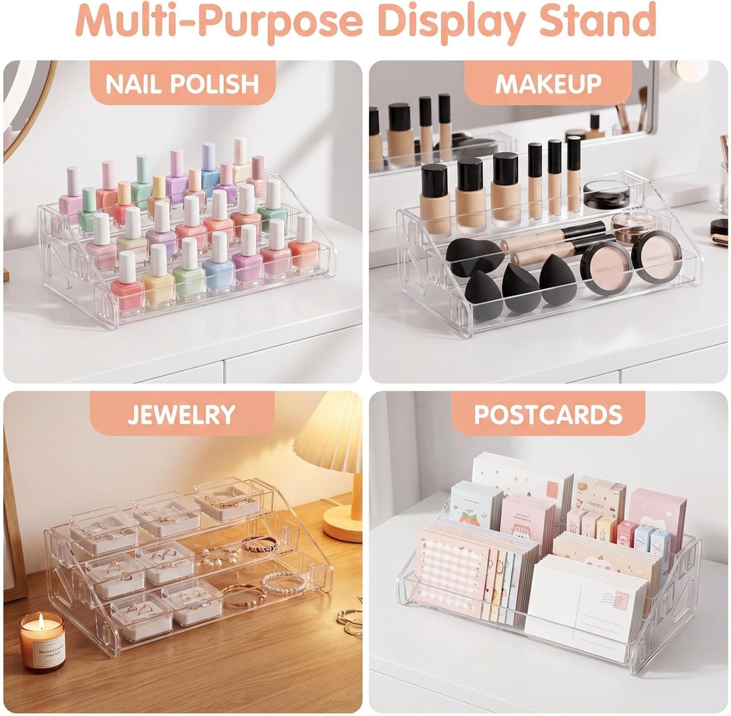 3 Layer Nail Polish Organizer - Clear Multi-Tier Display Stand for Nail Polish, Eyeglasses, Makeup & More