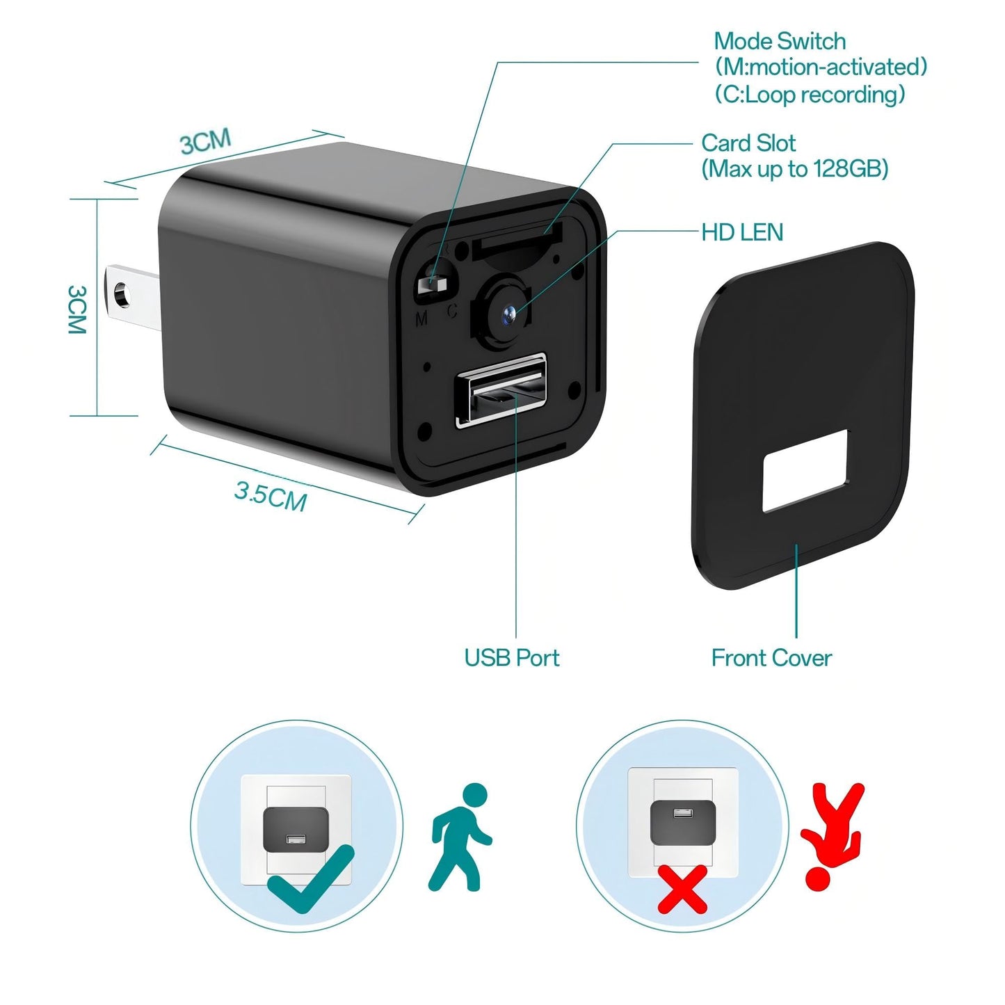 DUVIX Mini Camera with 64G Card 1080P Small Security Camera Charger with Motion Detection for Indoor (No WiFi)
