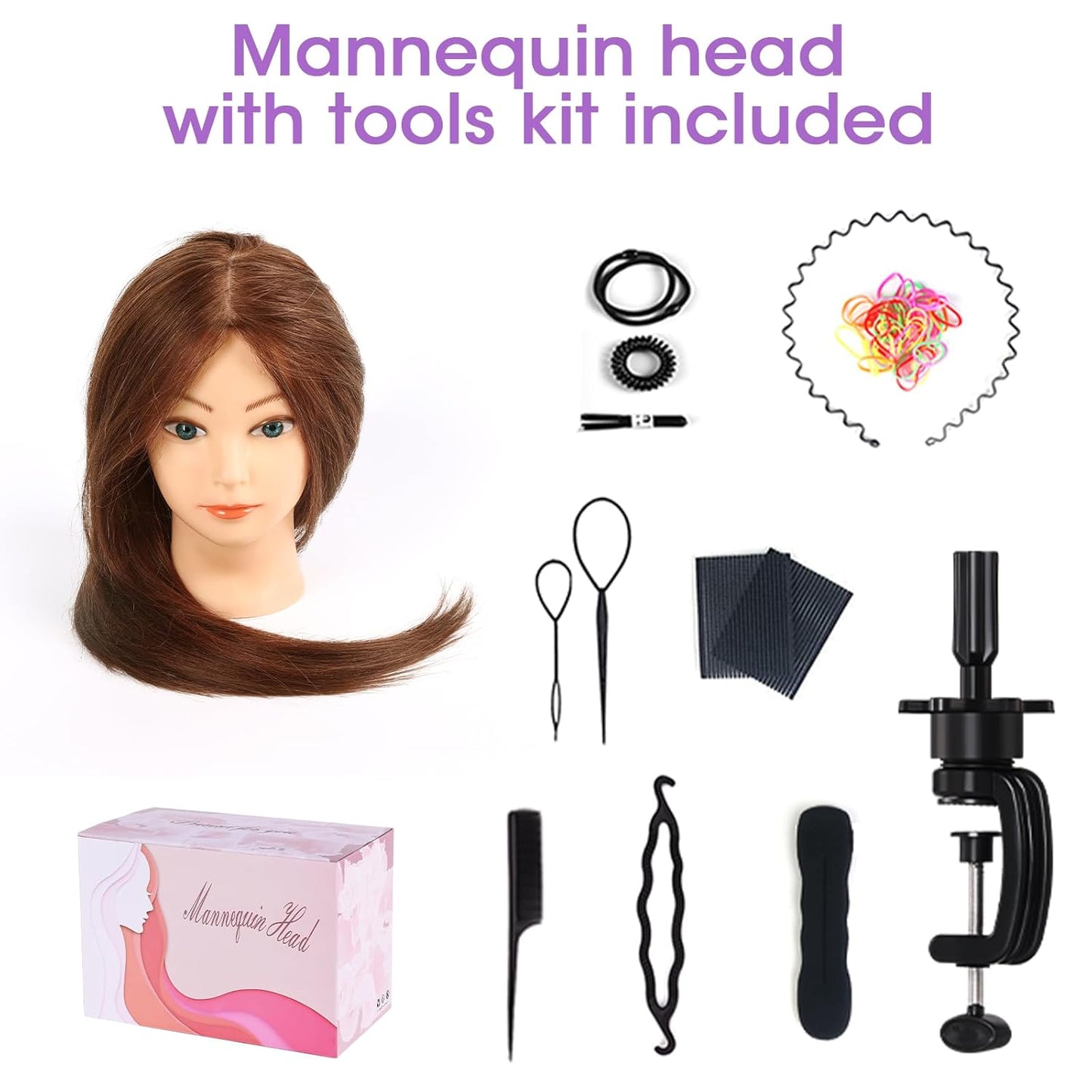 Human Hair Mannequin Head - 18'' Realistic Cosmetology Training Doll with Clamp & Tools | Dark Brown, Blue Eyes