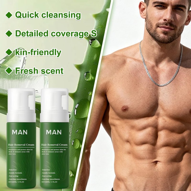 2pc Man Hair Removal Cream with Natural Aloe Vera, Quick & Gentle for Face and Body, Moisturizing & Non-sticky Formula