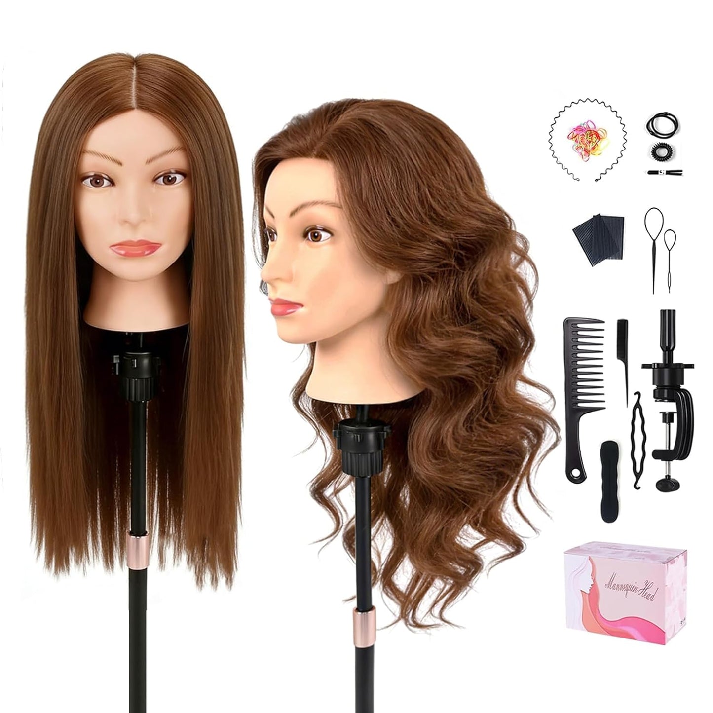 Real Hair Mannequin Head - 22'' Human Hair Cosmetology Training Doll with Clamp Holder & Tools | Black