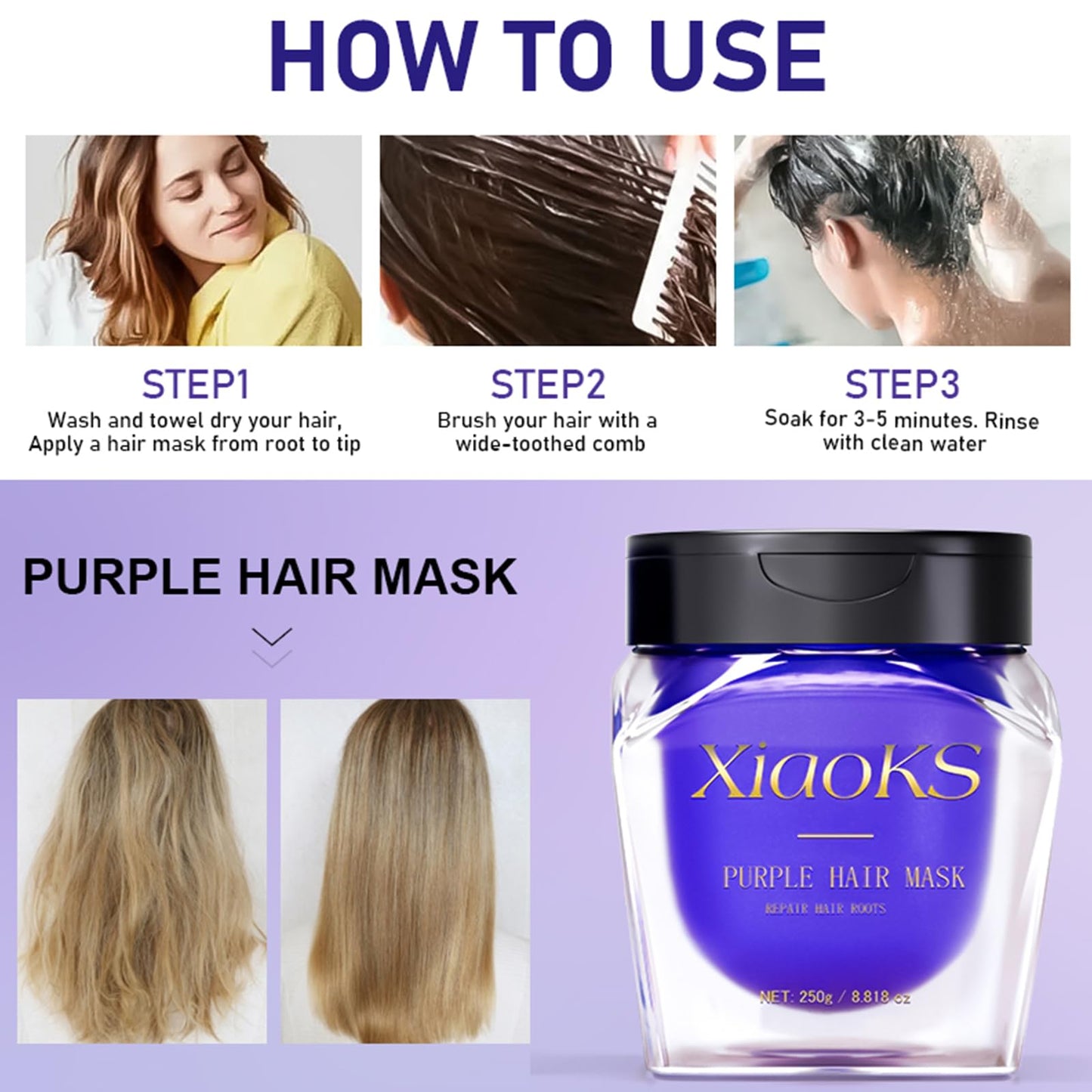 Purple Hair Mask for Brassy Hair,Toning Purple Shampoo Mask for Blonde, Silver, Gray, Bleached Hair,Repairs Damaged Hair Roots & Hydrates, Brightening & Smoothing Treatment (Purple)