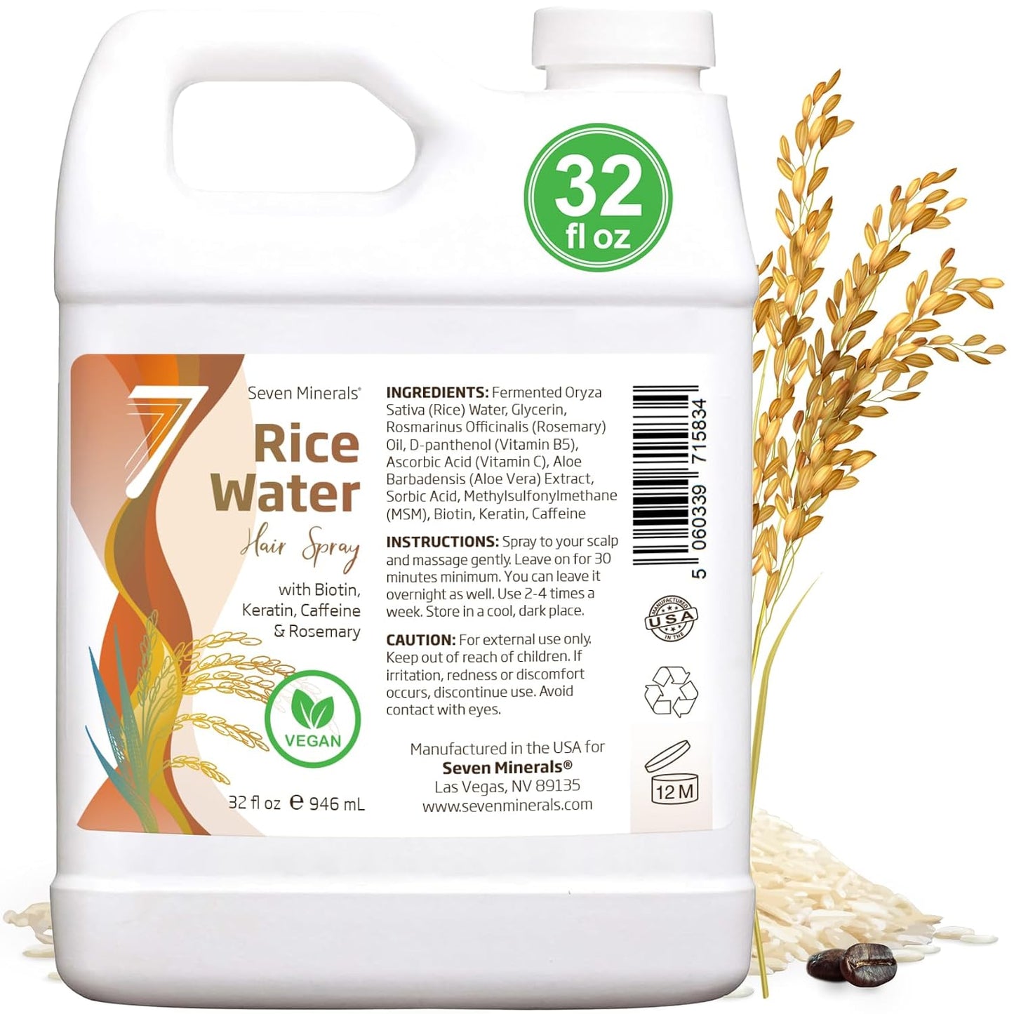 Fermented Rice Water Spray for Hair Growth - Rosemary, Biotin & Caffeine Infused | Vegan, Non-Greasy, 4 fl oz