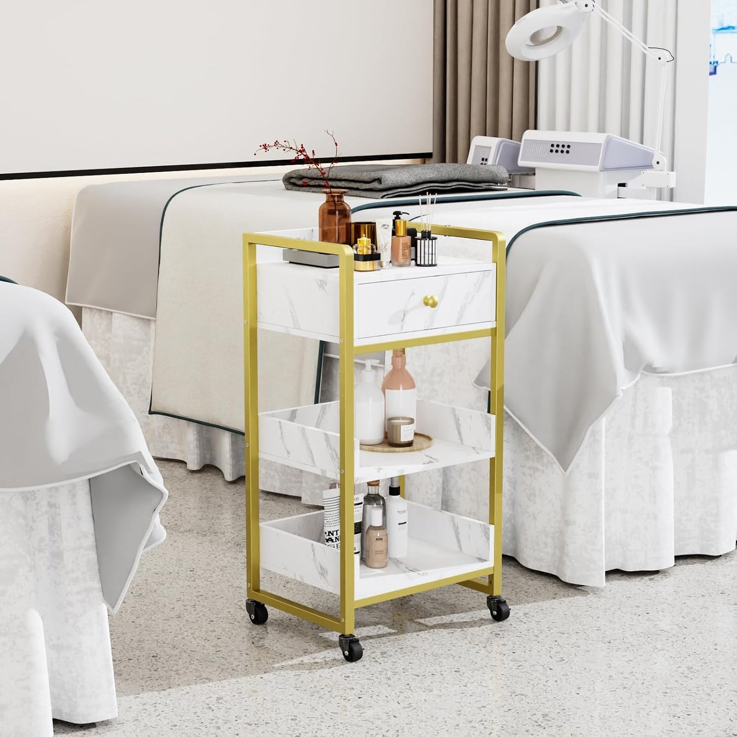 Salon Trolley Cart with Wheels - Mobile Storage Organizer for Beauty Spa | White Marble, 1 Drawer & 2 Trays