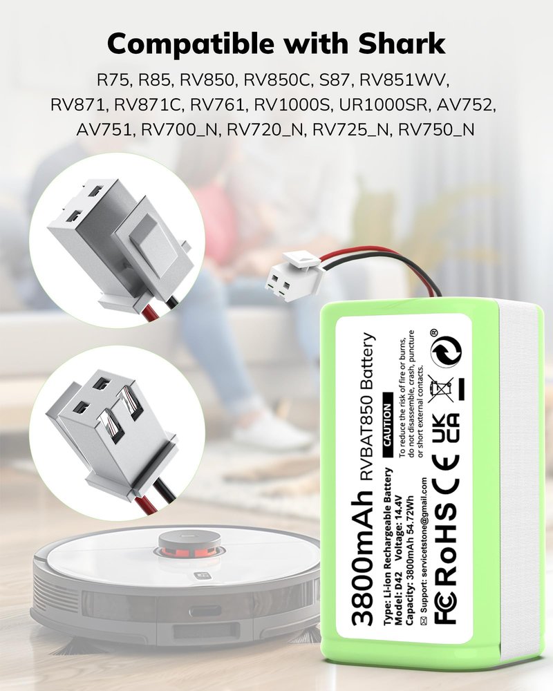 3800mAh RVBAT850 Battery, Battery Replacement for Shark Vacuum, Suitable for Rvbat850 Shark Ion-battery R75, RV761, RV850C, RV1000S, RV1100VL, RV101AE, UR1000SR, RV700_N, RV720_N(2-Prong Connector)