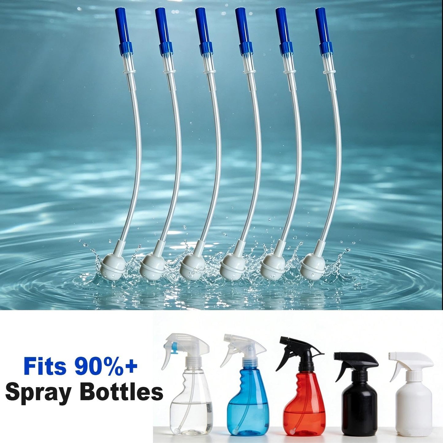 BAOENALNAT 6 Pack Universal 360° Spray Bottle Adapter, Weighted Tube with Ball, Reusable Trim-to-Fit Replacement, Upside Down Sprayer for Home, Garden, Kitchen & Auto Cleaning