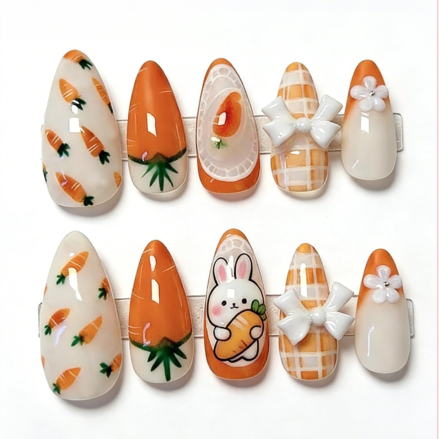 French Tip Press-On Nails - Short Square Floral Design with 3D Rhinestones | 24 Pcs Glossy Acrylic Set