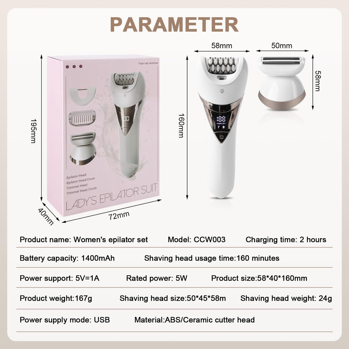 Epilator for Women,Cordless Epilators Hair Removal,Women Shaver for Leg,Armpit,Arm Trimmer,Shave& Epilate,Wide Head for Fast Epilation,Wet & Dry,2 Speeds