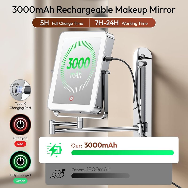 Height Adjustable Makeup Mirror - Lighted 10X Magnifying Design | 7in Slide Rail & 360° Extended Arm