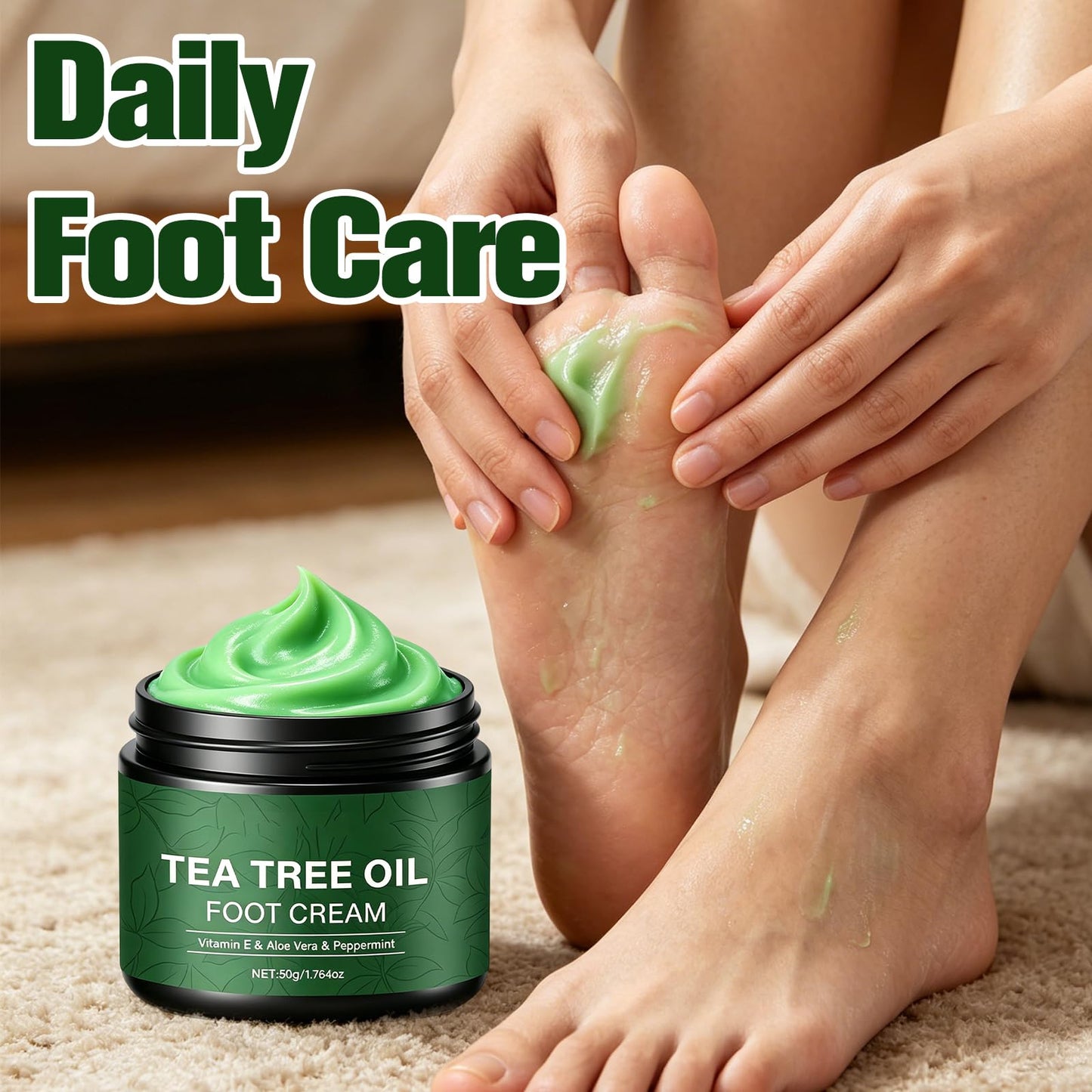 YADUO 2Pcs Pure Tea Tree Oil Foot Cream with Vitamin E, Aloe Vera & Peppermint, Nourishing & Hydrating, for Dry Cracked Feet, Hands, Heels, Elbow, Nails, and Knees, Smooth Application-50g/1.764oz