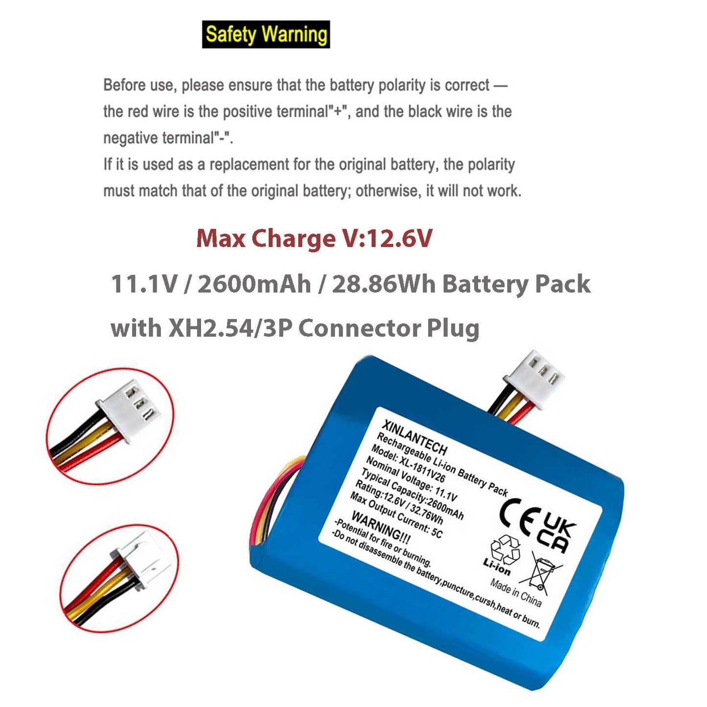 AOLIKES 11.1v 18650 3s1p 2600mAh Rechargeable Battery Pack with XH2.54/3P Plug Connector /5C Cells/Supports Fast Charging / 12.6V Li-ion Batteries