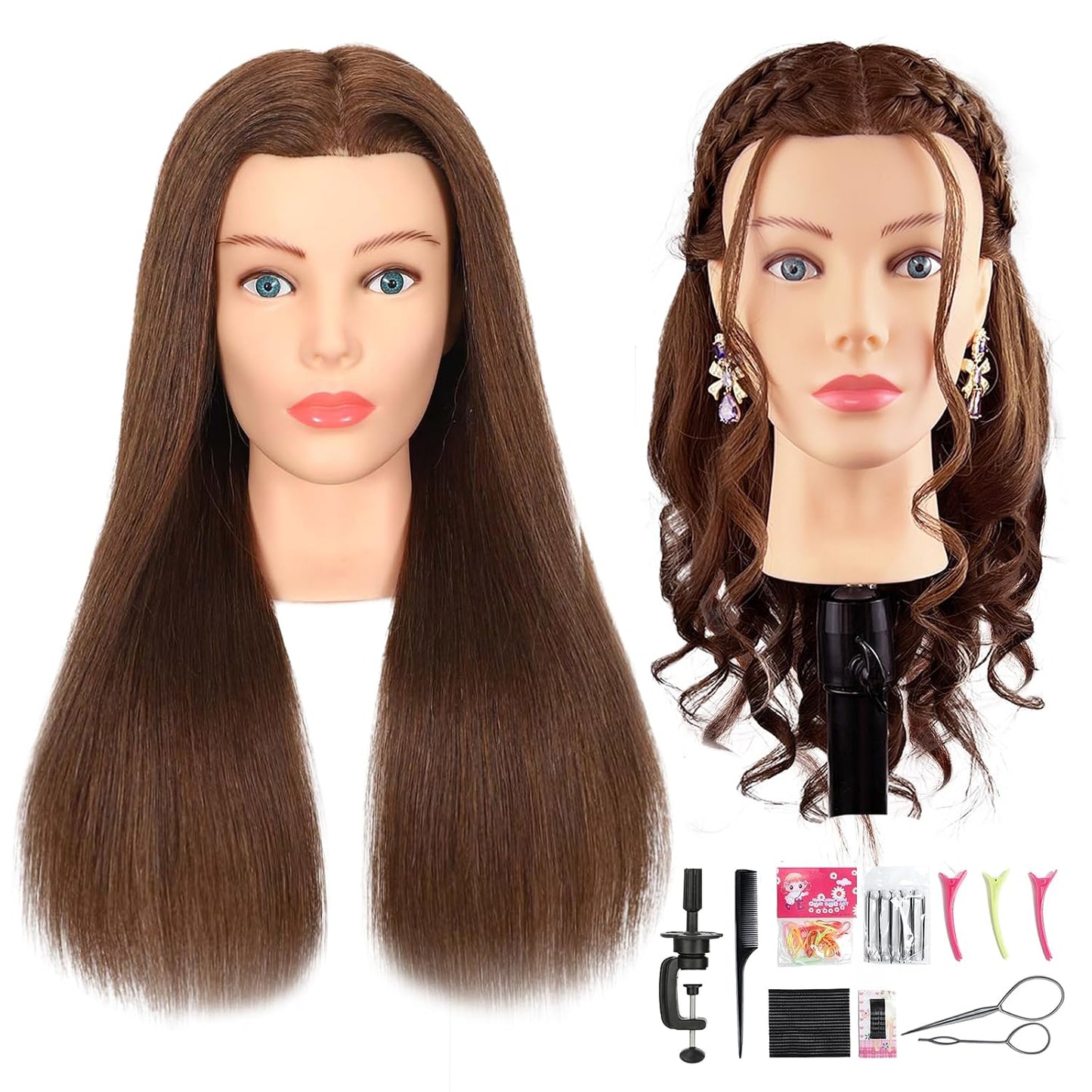 Human Hair Mannequin Head - 80% Real Hair Cosmetology Doll for Hairdresser Practice | Amber Brown with Tripod Stand & Clamp