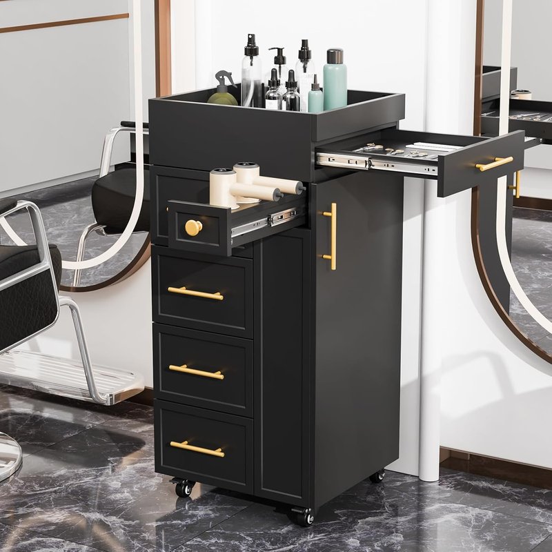 OmySalon Salon Trolley Cart - Mobile Hair Styling Station with 5 Drawers & Adjustable Shelf | Black