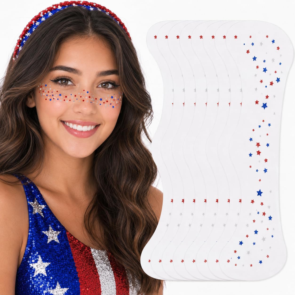 Artlunar 8 Pcs Red White Blue Star Freckle Stickers - Glitter Face Makeup for 4th of July | Patriotic Accessories for Women & Kids