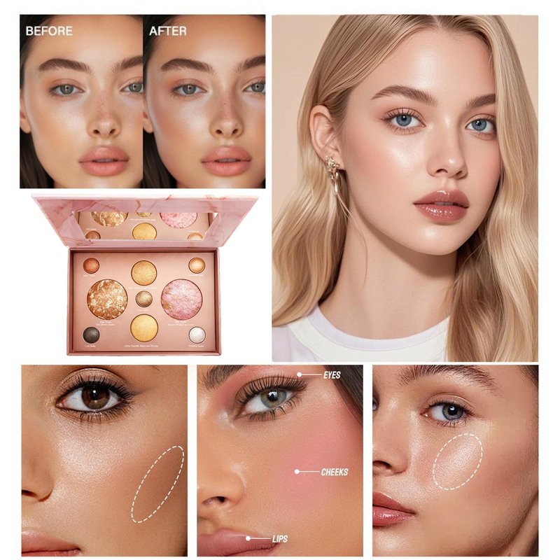 K'APEINE All-in-One Makeup Palette, 9 Colors Baked Face Kit Includes Eyeshadow, Blush, Highlighter & Bronzer | Waterproof Long-Wearing Party Cosmetics for Women - 03#
