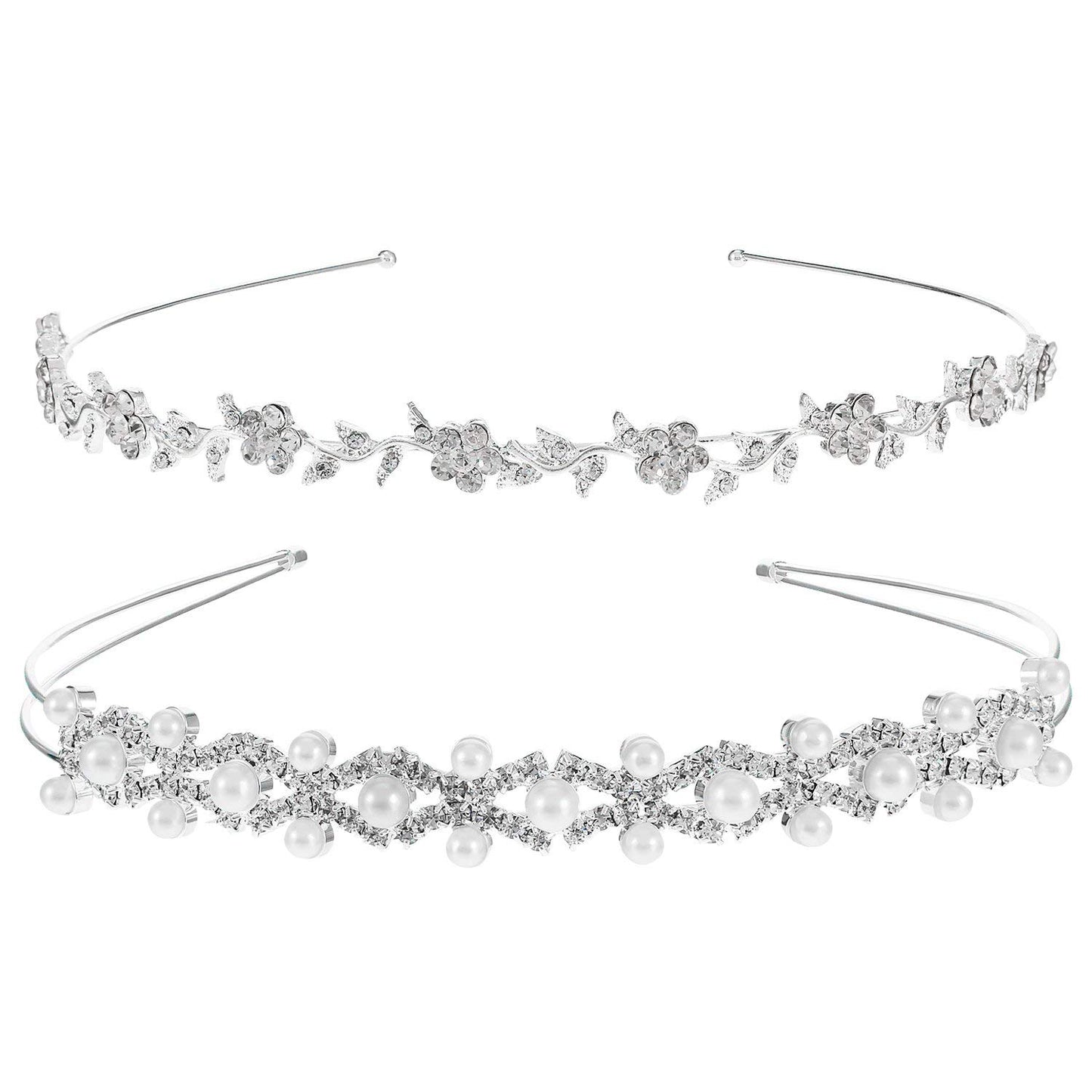 Pangda 2 Pieces Flower Headband for Women Thin Flower Headbands Wedding Headpiece Tiara Hair Accessories Rhinestone Crystal Bands Pearl Leaves Crown for Bridal Bridesmaids Prom First Communion