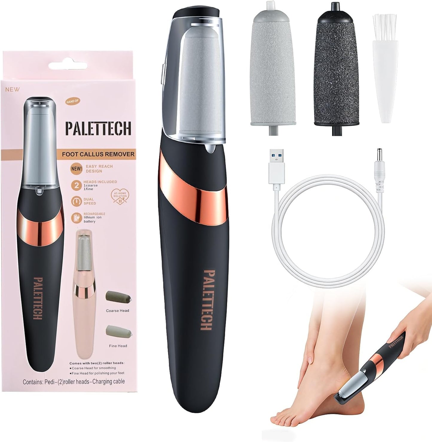 Electric Foot Callus Remover - Dual Roller Heads, 2 Speeds & LED Light | 90-Min Runtime Pedicure Tool