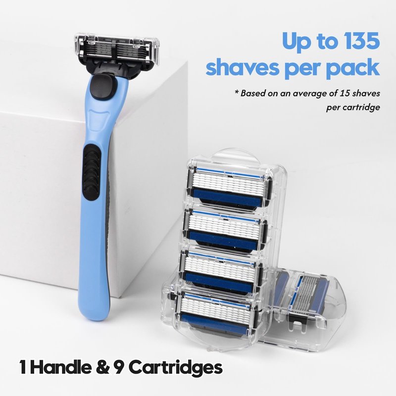 Phafaloop 6-Blade Men's Razor with Dual Lubrication, Shaving Kit for Men, 10 Piece Set, 1 Handle & 9 Refill Cartridges, Smooth Comfortable Shave (Blue)