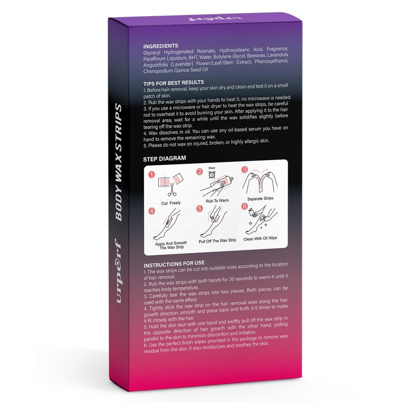 Urperf Wax Strips for Hair Removal, Ready-to-Use, No Heat Needed, for Face & Body, 2 Sizes, 20 Large Strips, 40 Small Strips, 4 Finish Wipes