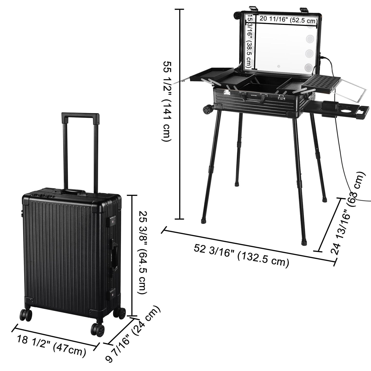 BYOOTIQUE Rolling Makeup Case with LED Lighted Mirror 24 Inch Professional