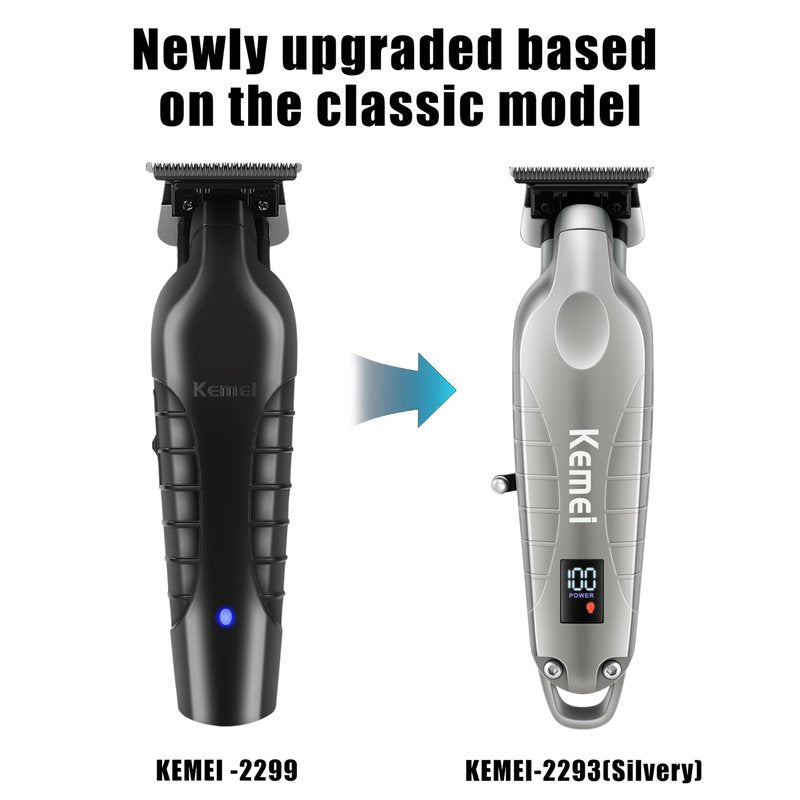 KEMEI 2293 Professional Hair/Beard Trimmer for Men Zero Gapped Hair Clippers for Barber with T Blade, Cordless Rechargeable, Silvery