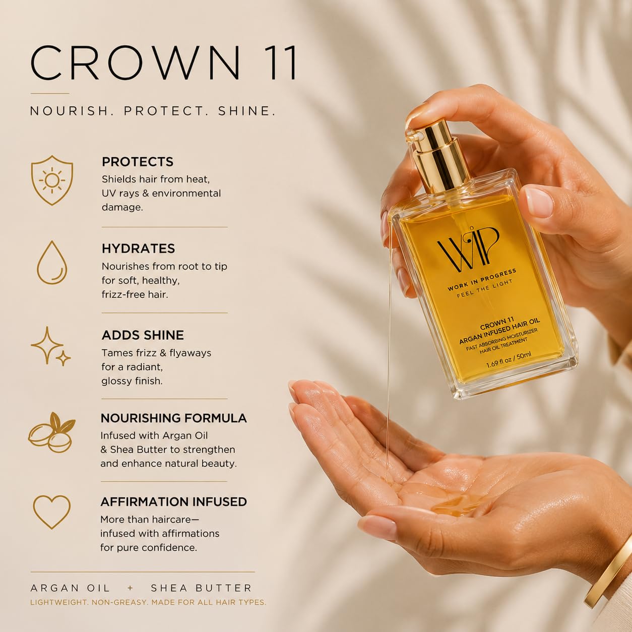 Wip Hair Oil - Crown 11 Argan Infused Hair Oil - Hair Heat Protectant Oil for Frizz Control - Adds Shine and Smooths Split Ends - Color Safe Formula - Paraben, Phthalate and Sulfate Free - 100ml