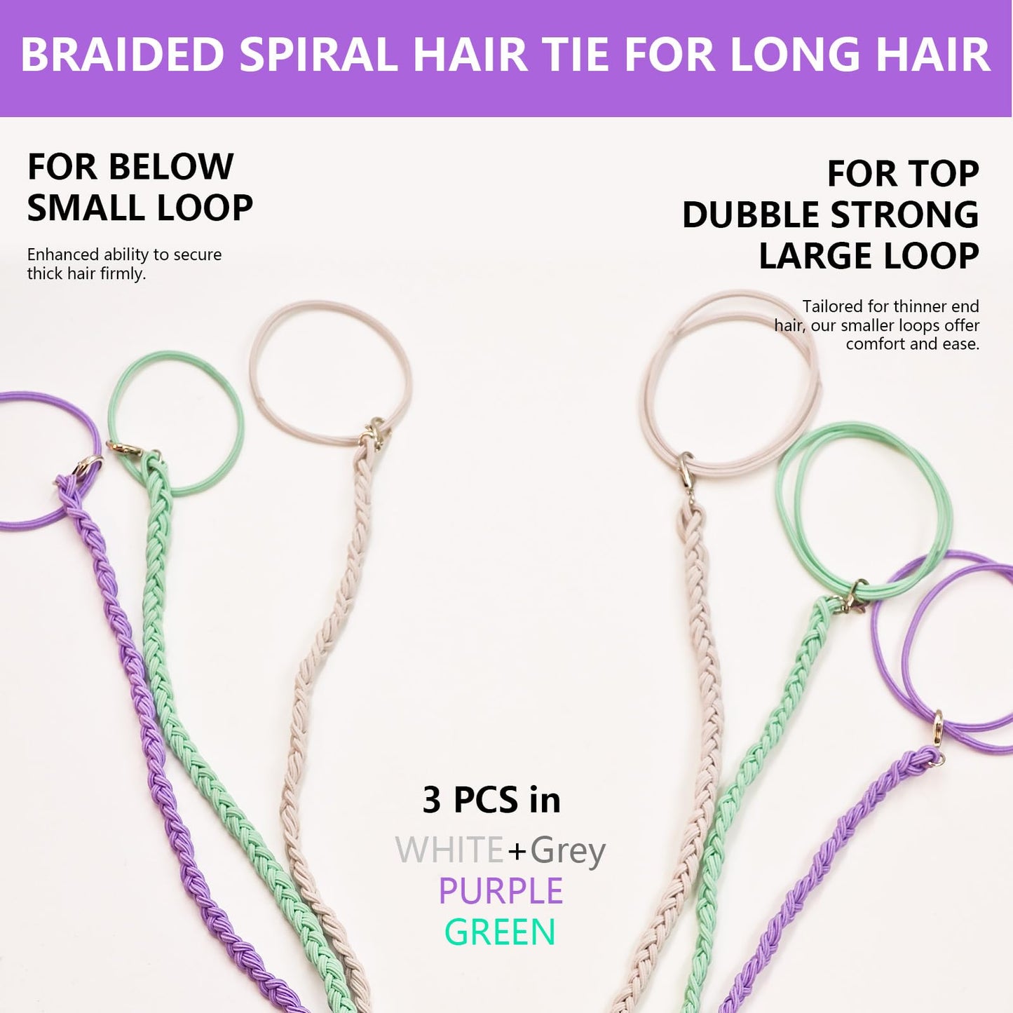 3 Pcs 16" Spiral Braided Hair Ties for Sports,No Damage, Non-Slip Elastic Ponytail Holders for Women Girls,Hair Bands for Gym, Yoga,Beach Activities(Green,Purple,White and Gray) (07csst, 41)