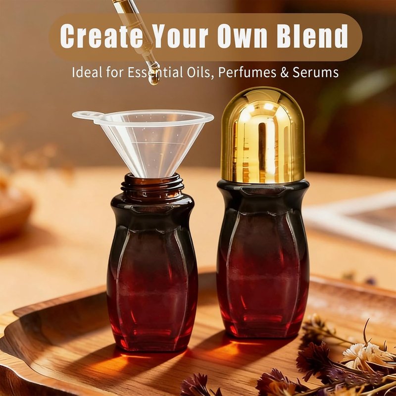 Rose Quartz Roller Bottles - 50ml Refillable Amber Glass for Essential Oils | Leak-Proof Travel Perfume with Gold Caps