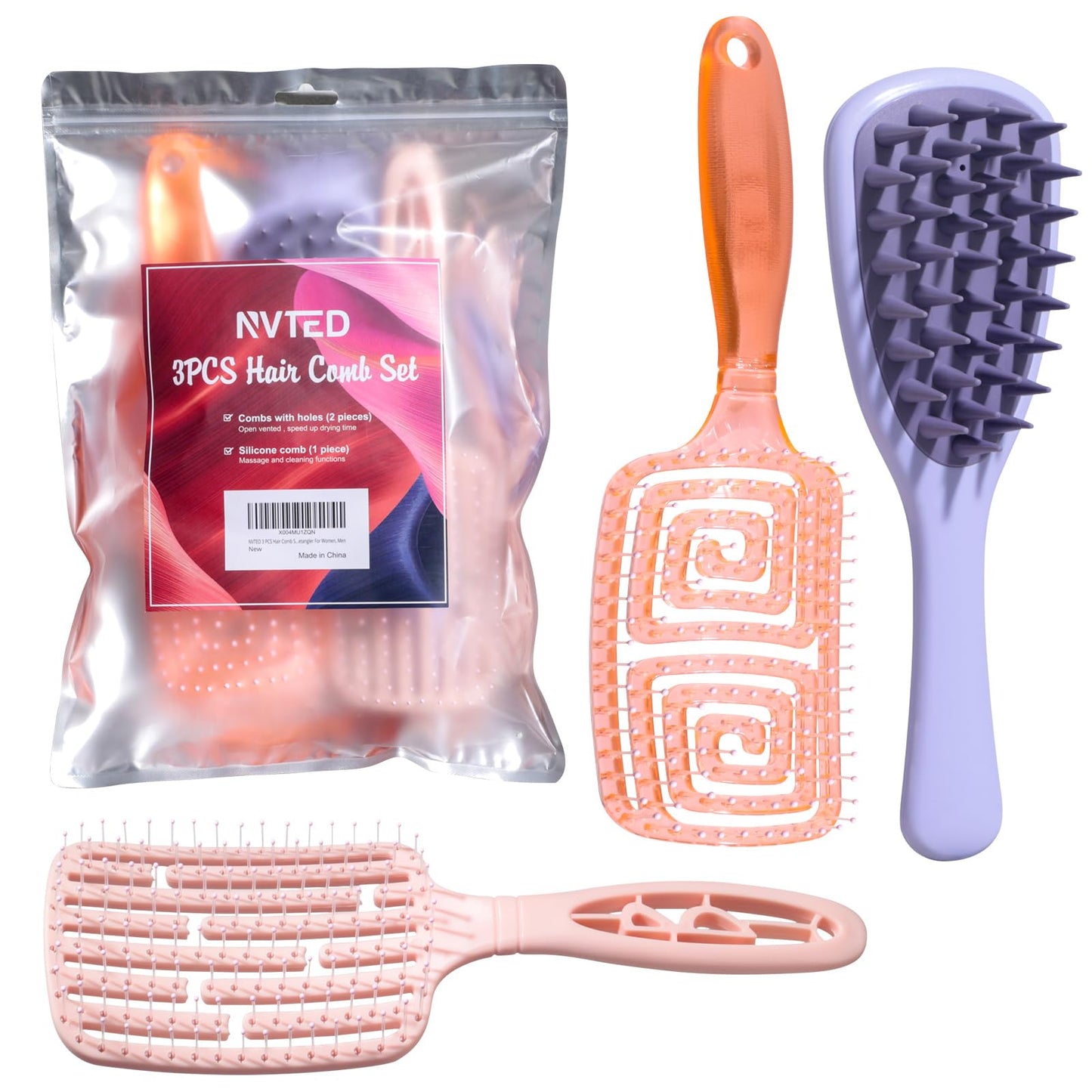 NVTED 3 PCS Hair Comb Set Beauty Hairbrush Wet and Dry, Silicone Scalp Scrubber Wet Hair Brush Shower Detangler For Women, Men