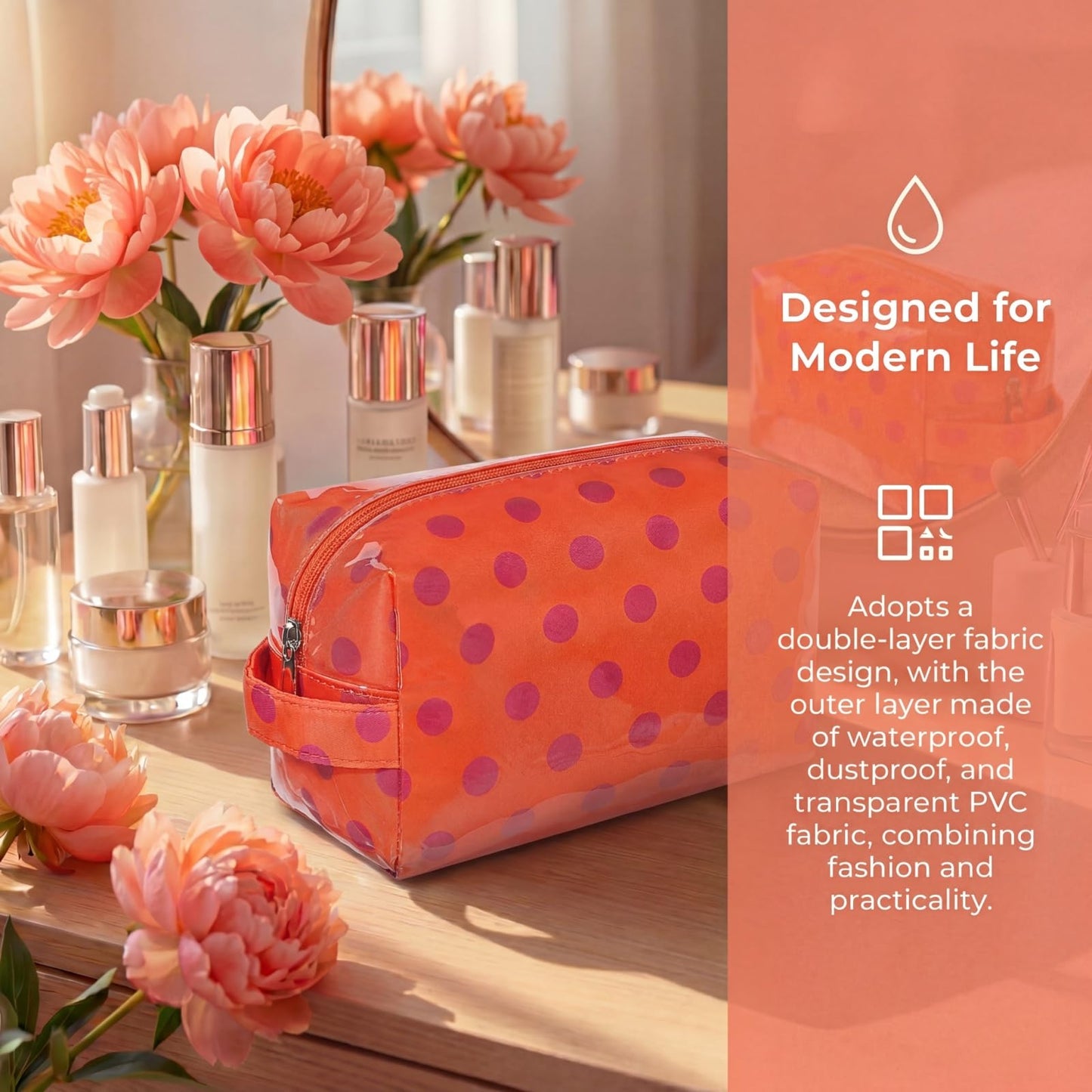 Lestikave PVC Polka Dots Makeup Bag,Easy to Clean,Waterproof Clear Coated Cosmetic Bag,Cute Travel Organizer Zipper Pouch for Beach Vacation Essentials(05Orange)