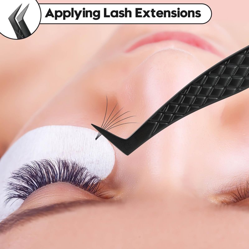 Ms.Queen Fiber Tip Lash Tweezers, Precise Diamond Grip L-Shape Boot Volume Eyelash Extension Tweezers,Black