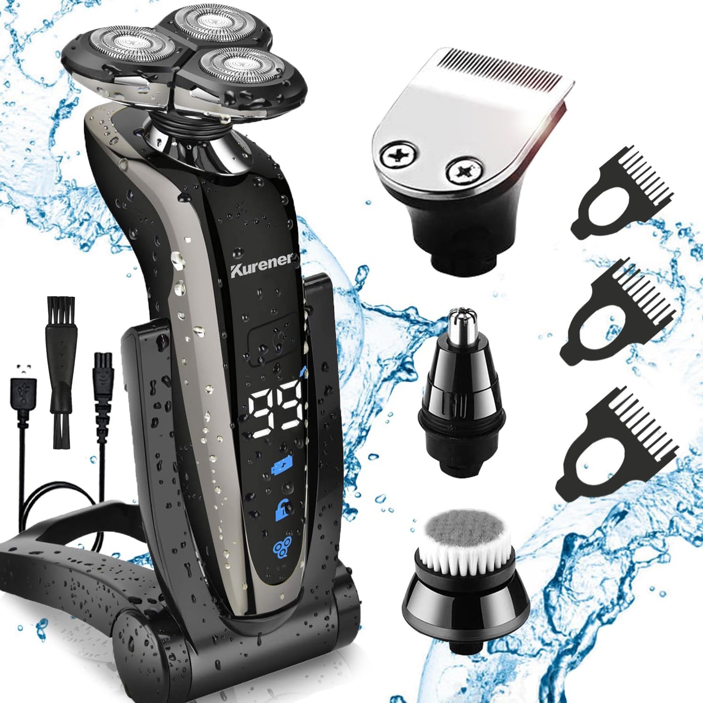 Electric Shaver Razor for Men - Rechargeable & 100% Waterproof Rotary Shaving with Nose & Sideburn Trimmers | Face Cleaning Brush