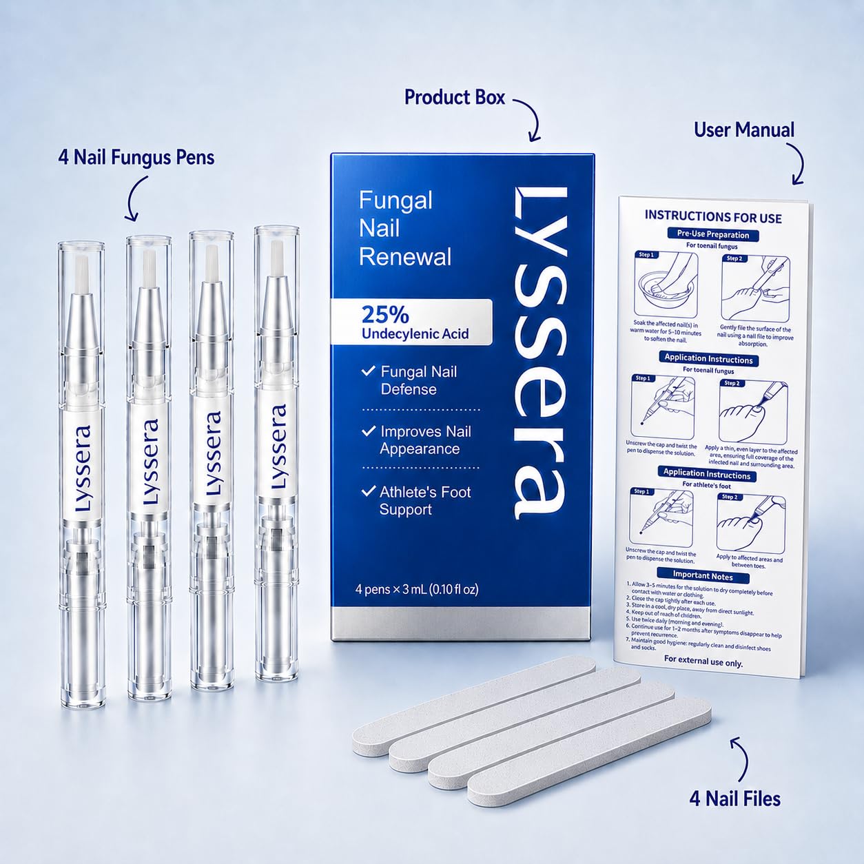 Lyssera Toenail Fungus Treatment Pen: Extra Strength 25% Undecylenic Acid & Tea Tree Oil - Fungal Nail Treatment for Thick Yellow Brittle Toenails and Fingernails, 4 PCS