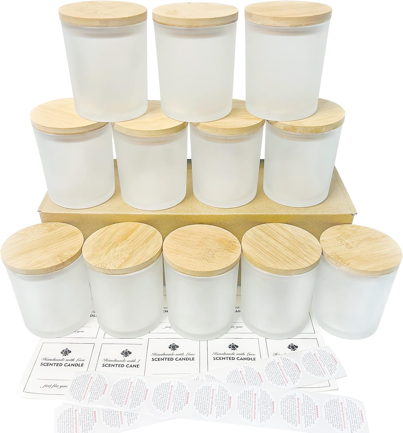 Clear Glass Candle Jars - 12 Pack 10 OZ with Bamboo Lids | Large Empty Candle Containers, Dishwasher Safe