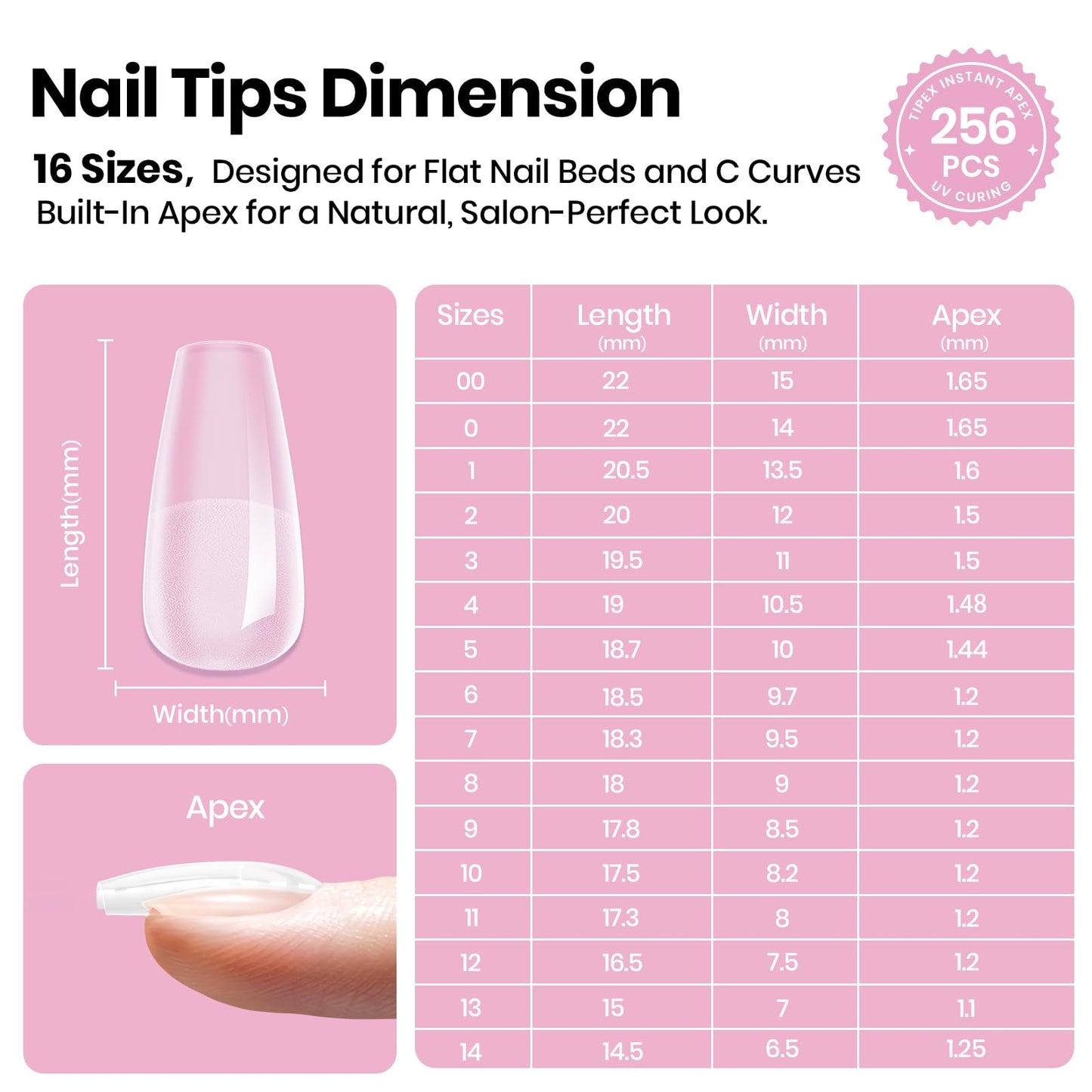 Beetles Tipex Lite Instant Apex Nail Tips, Short Coffin, No Builder Gel Needed, 256pcs Value Pack, 16 Sizes 00-14 for DIY Salon-look Extensions