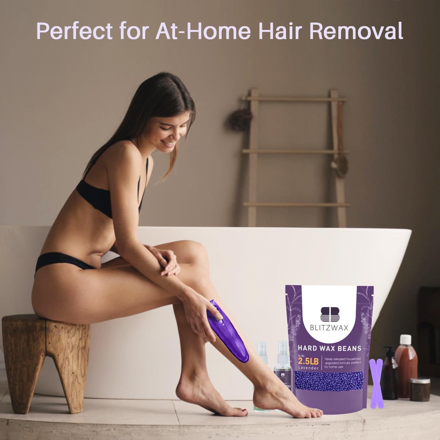 BLITZWAX 2.5lbs Hard Wax Beads for Hair Removal Lavender Waxing Beans for Sensitive Skin, Face, Eyebrows, Brazilian, Legs and Bikini - with 2 Silicone Sticks and 2 Wax Oils for Home and Salon Use