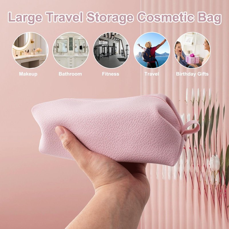 FyndAna Portable Silicone Makeup Bag, Large Waterproof Makeup Brush Bag,Bathroom Travel Bag,Upgraded Leakproof Zipper Makeup Box,Suitable for Mens Womens(Pink)
