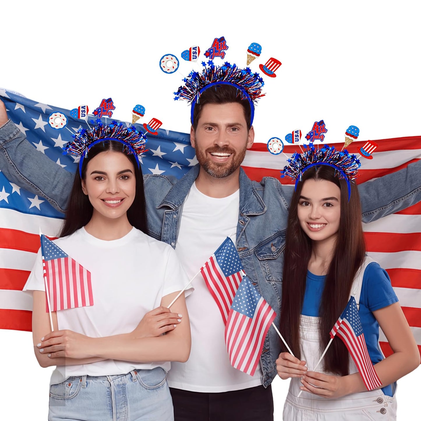 4th of July Headbands for Girl Women - Glitter Patriotic Headband Red White Blue Tinsel Headbands,Sparkly Independence Day Headband 4th of July Hair Accessories with USA Donut for Costume Party Parade