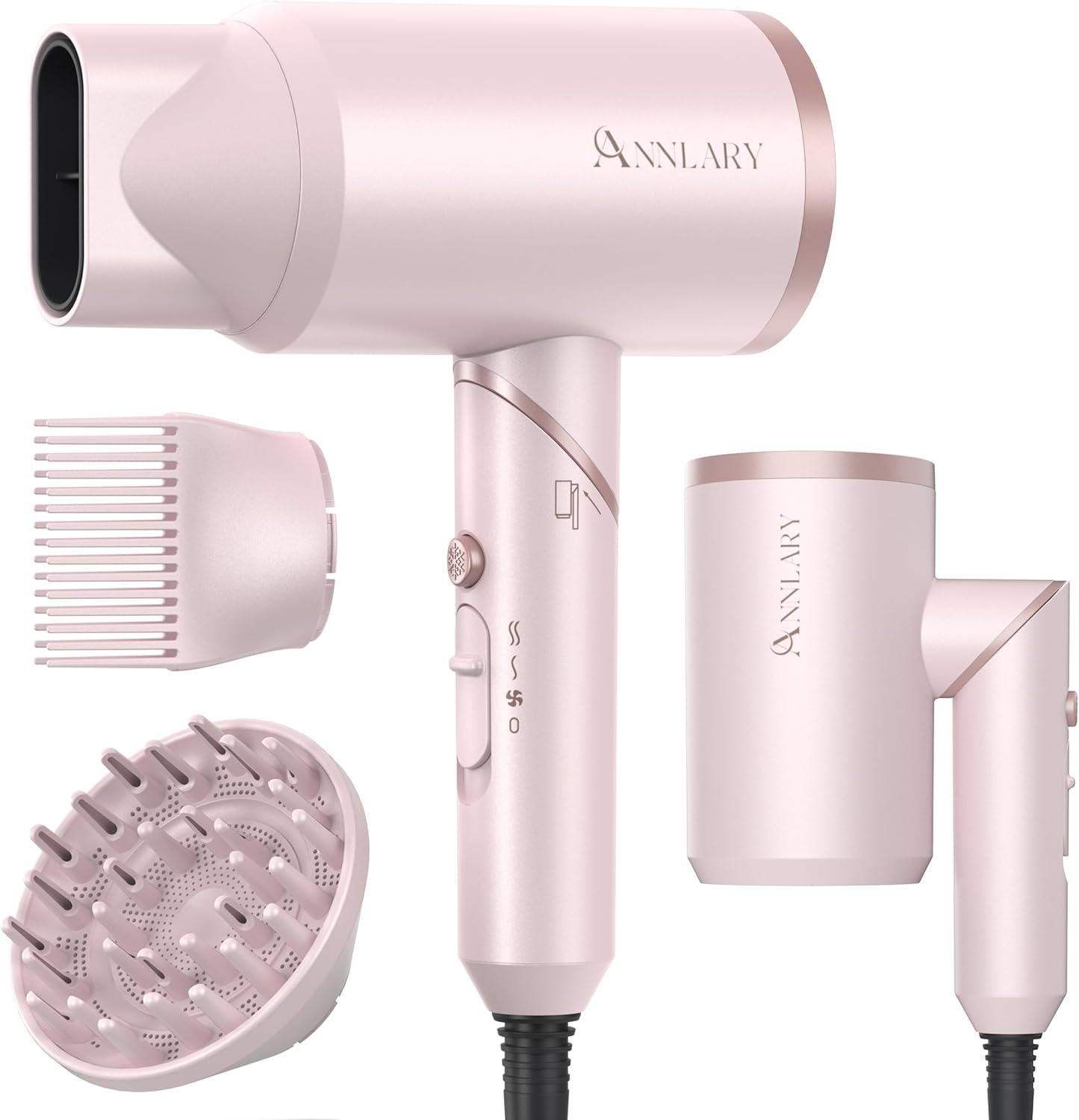 Hair Dryer with Comb - 1800W Ionic Blow Dryer for Curly Hair | Diffuser & Foldable Design | 6.5 ft ALCI Cord