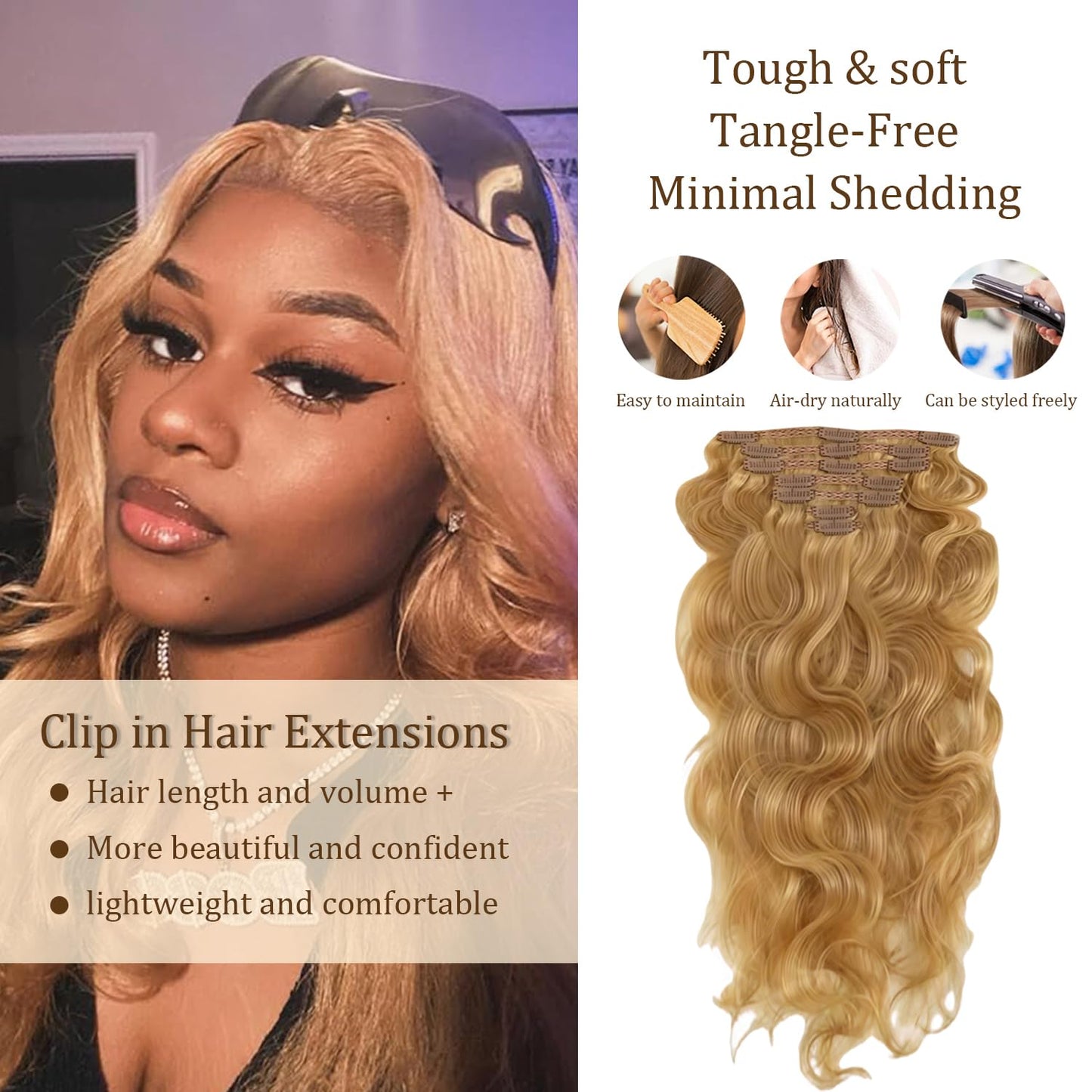 #27 Blonde Clip in Hair Extensions Real Human Hair, 18 Inch 120g/7Pcs,Full Shine Remy Human Hair,Honey Blonde Long Wave Clip ins Brazilian Virgin Human Hair Extensions