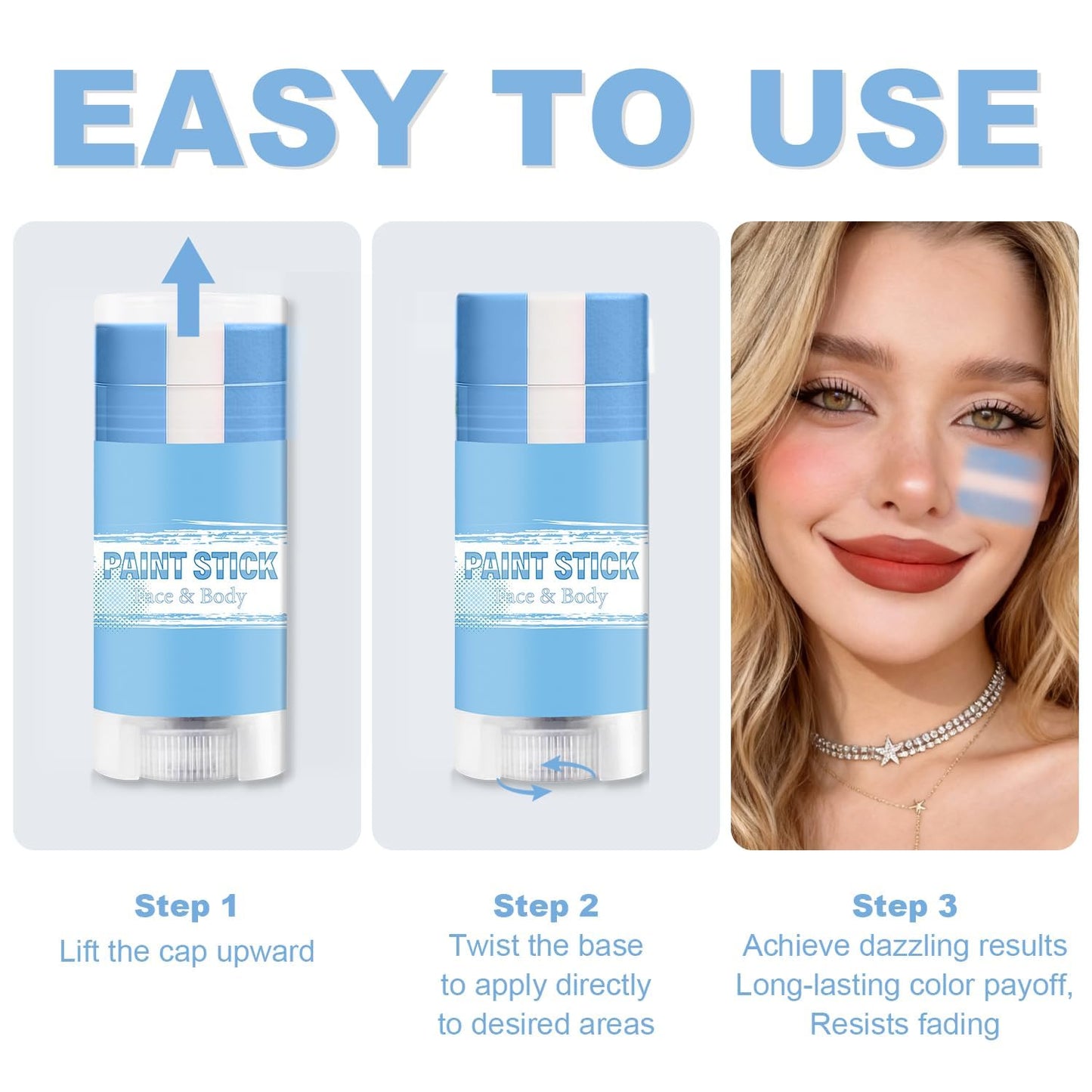 Blue White and Blue Argentina Face Paint Stick for World Cup Fans, Sweatproof & High Pigment Sports Face Body Paint Sticks for Football, Rugby, Softball, Baseball, Lacrosse, Party Accessories