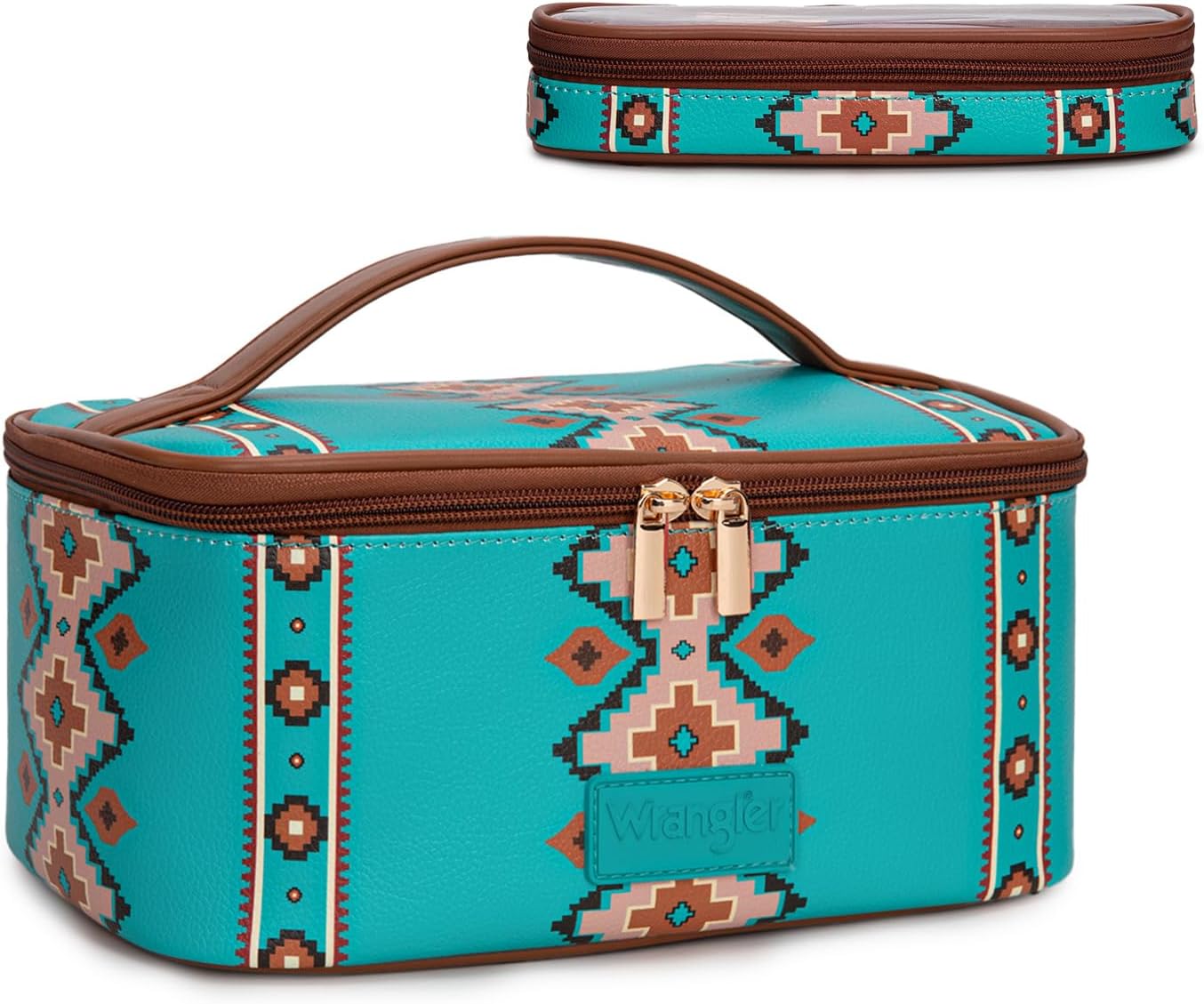 Travel Makeup Bag Set - Large Cosmetic Organizer with Brush Holder | Portable Toiletry Bag for Women - Aztec Design