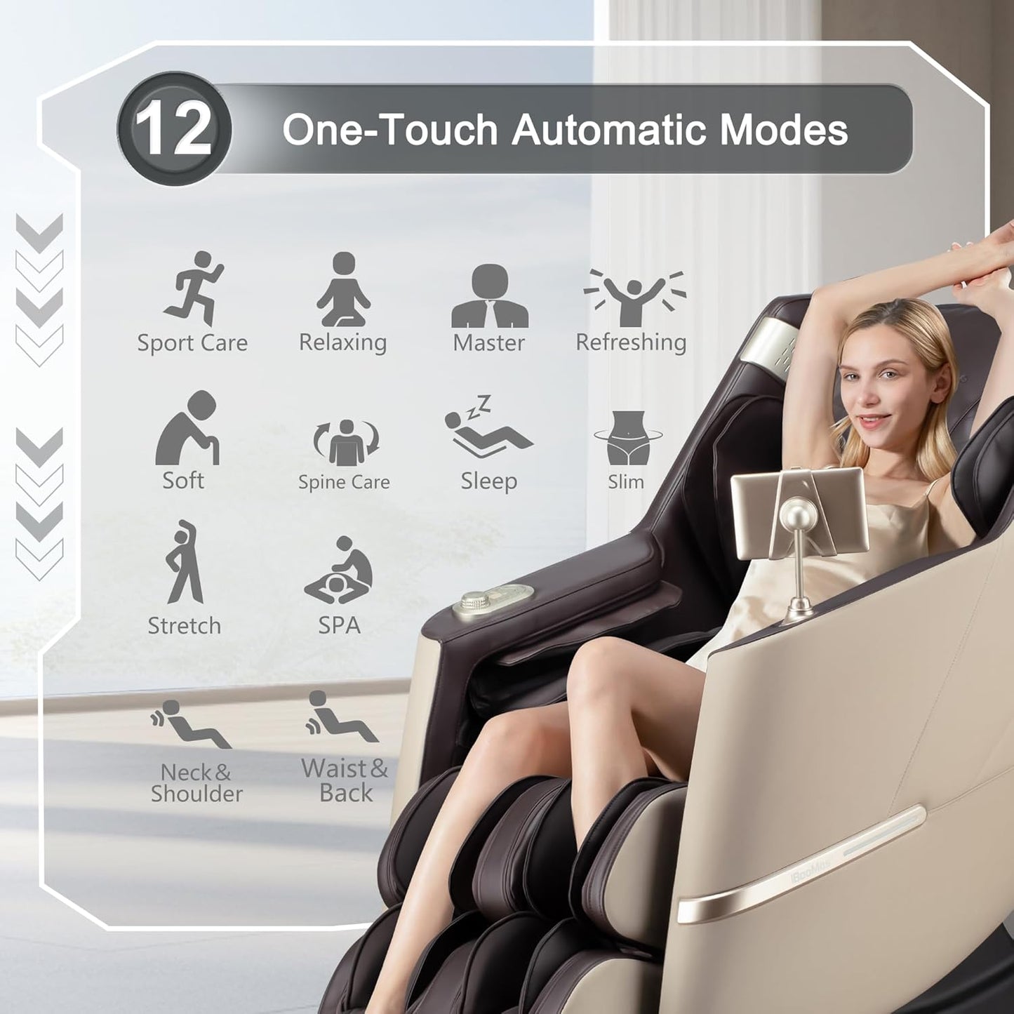 iBooMas Massage Chair - 2026 SL-Track Zero Gravity Shiatsu Recliner with 12+6 Modes & Heat Therapy | Beige & Brown