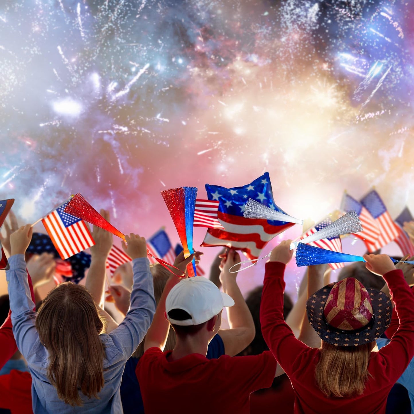 Glow Sticks for 4th of July | Red, White & Blue Fiber Optic Wands - 6 Pack for Kids