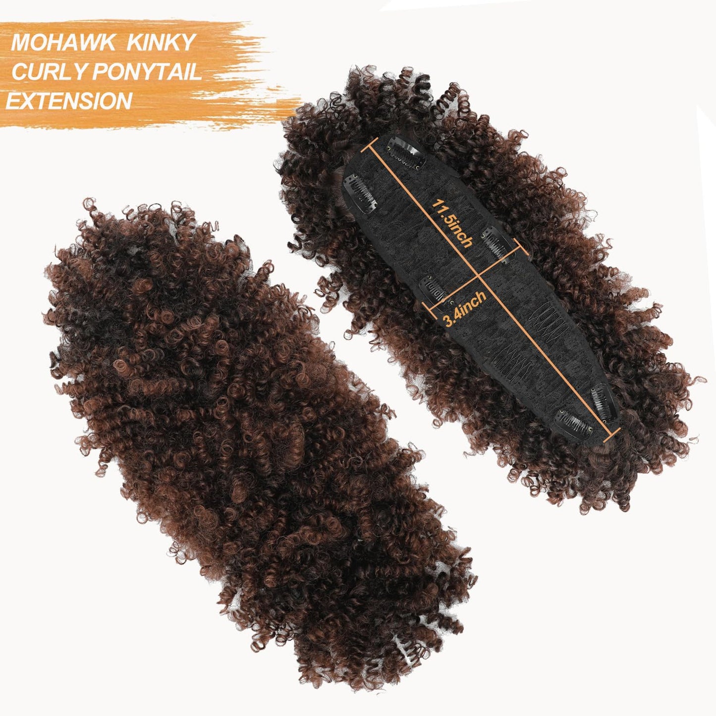 Kinky Curly Mohawk Wig - Blonde Ponytail Extension with Bangs | Short Synthetic Clip-In, Dark Brown Mix Black, Fluffy Hair for Daily & Party Use 1B/33