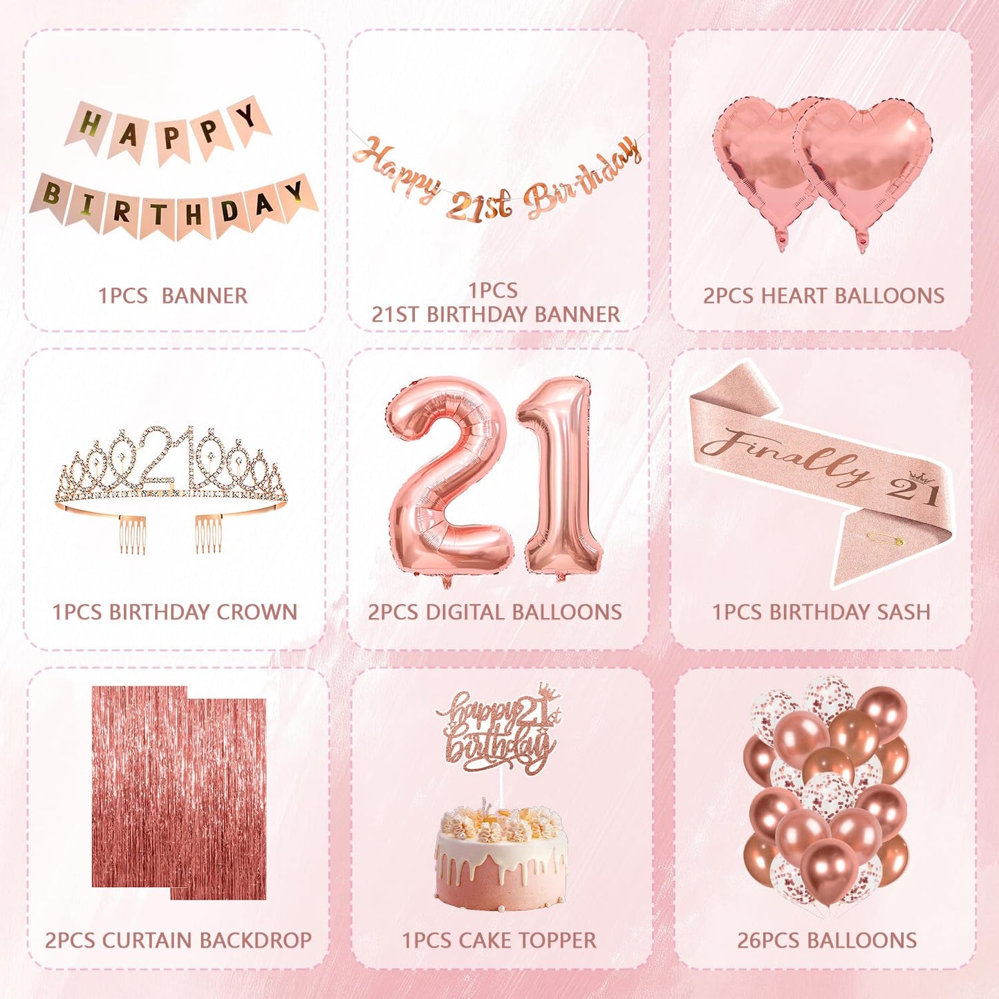 YGSEPCC 21 Birthday Decorations for Her, Rose Gold 21st Birthday Party Supplies 36Pcs, Birthday Sash Crown Tassel Curtains Foil Number Balloons Banner Cake Topper, 21 Young Lady Birthday Decorations