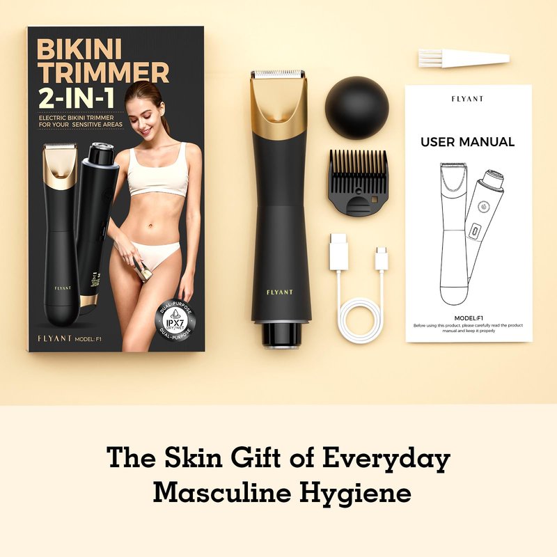 Bikini Trimmer for Women, Flyant 2 in 1 Electric Shaver for Women, Pubic Hair Trimmer Waterproof IPX7 with LED, Bikini Razor for Leg Arm Underarm Bikini Area - Black Gold
