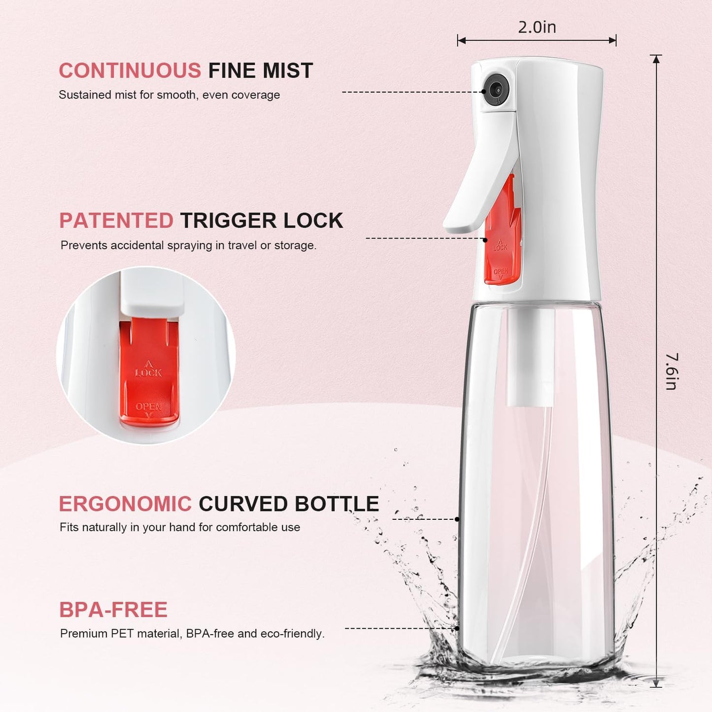 Continuous Spray Bottle for Hair - Fine Mist Water Mister | Recycled Misting Sprayer for Styling & Cleaning - 2 Pack 6.1 OZ