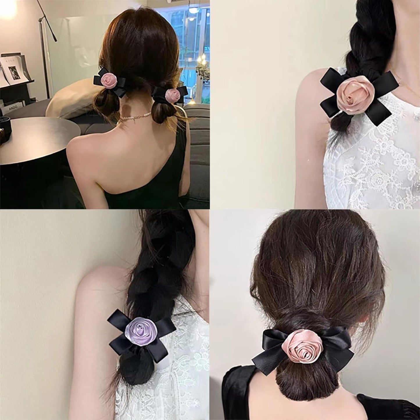 2 Pcs Hair Scarf Scruncheis for Women Knotted Bow Hair Ties Floral Pattern Elastic Bands Hair Ribbon Scrunchy Ponytail Holder for Girls,Rose Blue