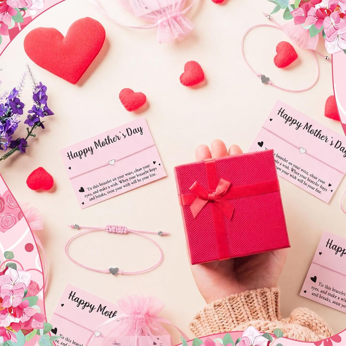 Pink Heart Bracelet Set for Mother's Day | Adjustable Friendship Jewelry Gift for Women - 12 Pieces